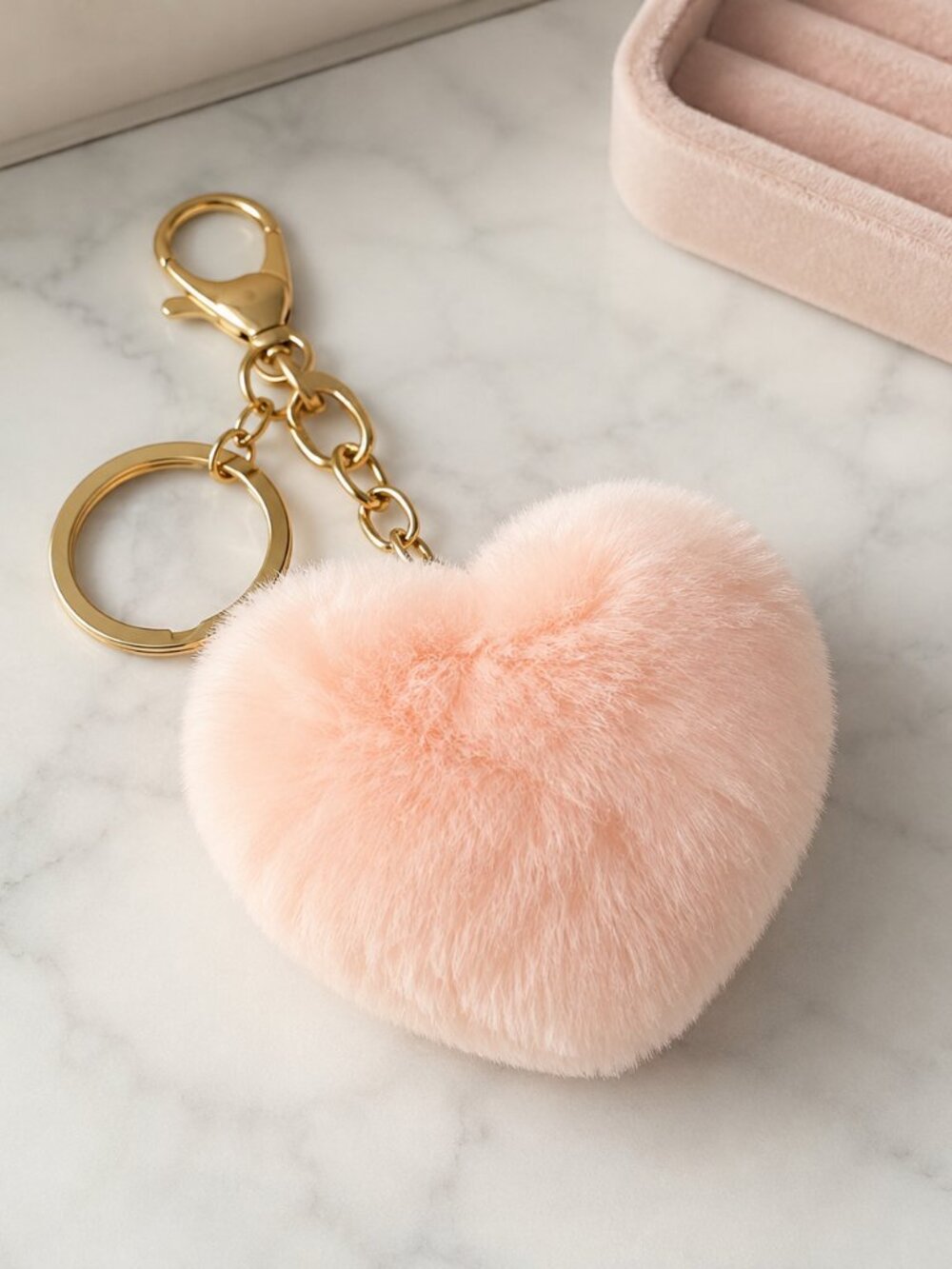 Pink Faux Fur Heart Keychain Bag Charm Blush Gold Clip 3.5" NWT